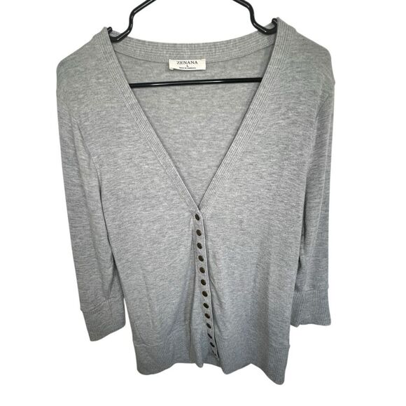 Zenana Grey Half Button Up V-Neck Basic Cardigan Sweater - Picture 1 of 5